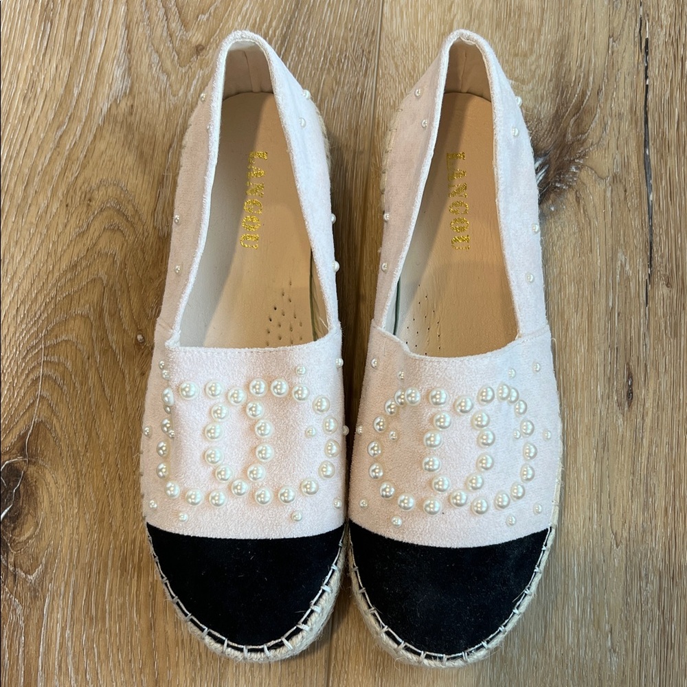 Zara Beige and Black Espadrilles with Pearl Accents